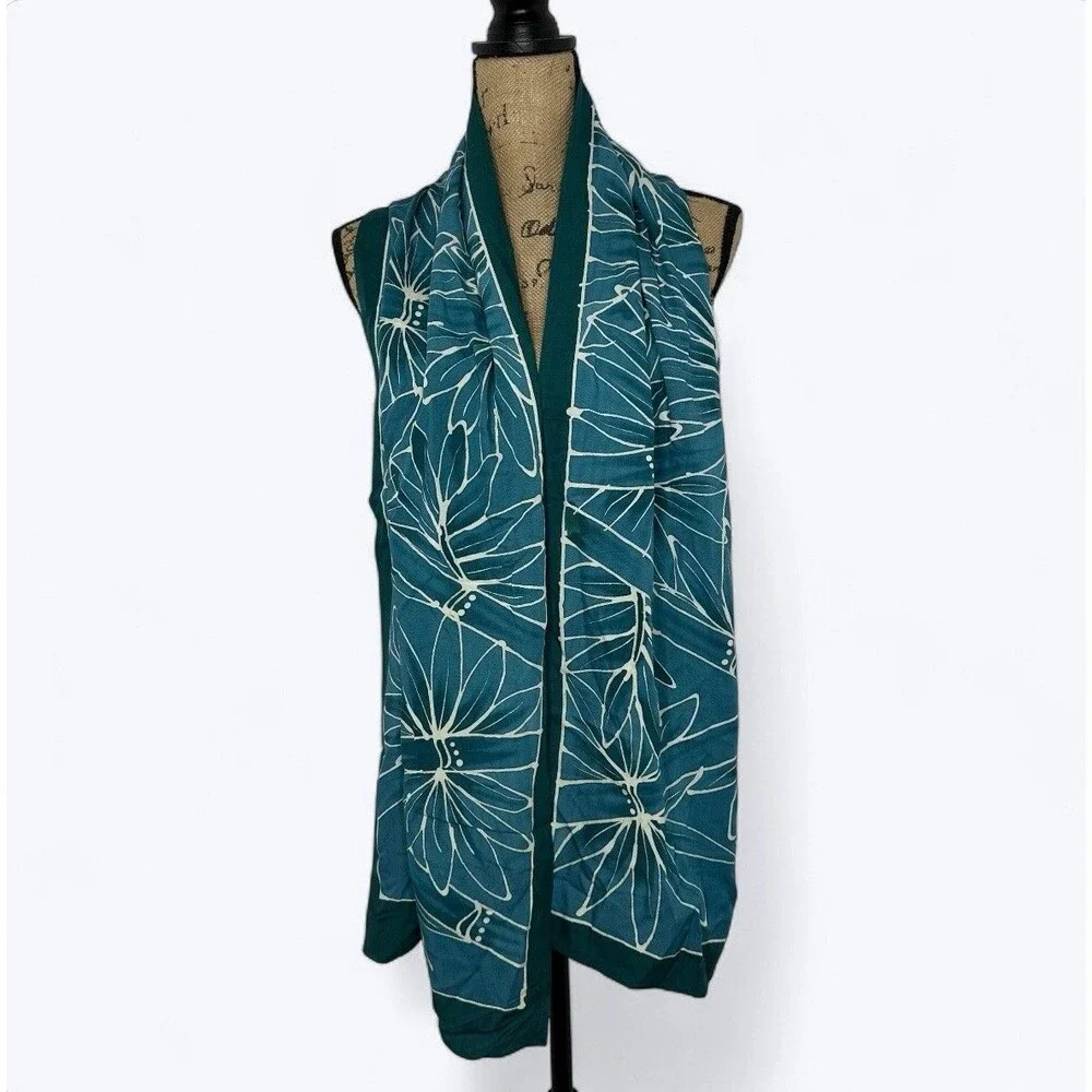 Feedora Hawaii Rectangle Scarf Teal Batik Bamboo Tropical Leaf Print 14